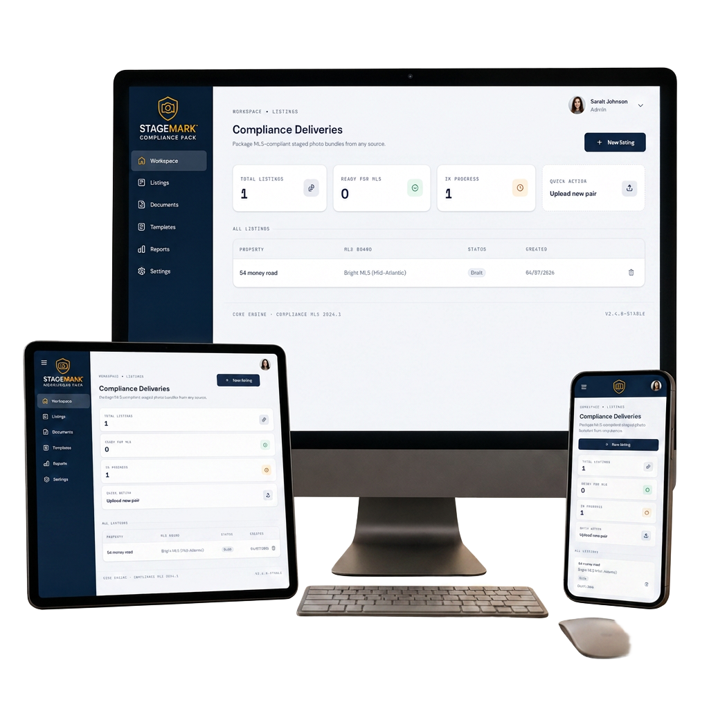 StageMark App — Compliance Deliveries dashboard on desktop, tablet and mobile